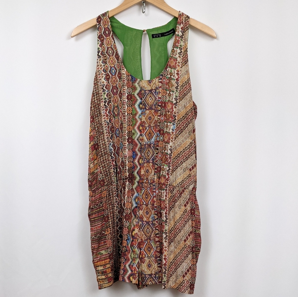 Zara Blouson Top Romper Keyhole Back Ikat Aztec Print Multicolor Geometric Small